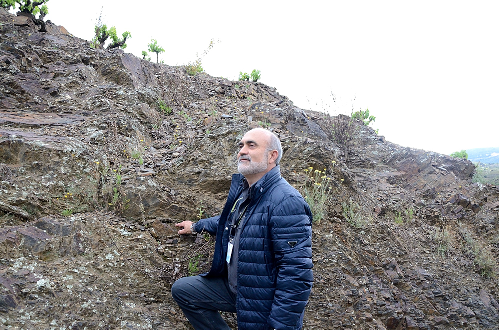 DOQ President Salus Alvarez standing proudly be a slate slope in his Priorat vineyard